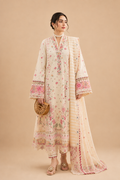 Amberser Gulbahar — Ivory Floral Printed Suit with Striped Dupatta