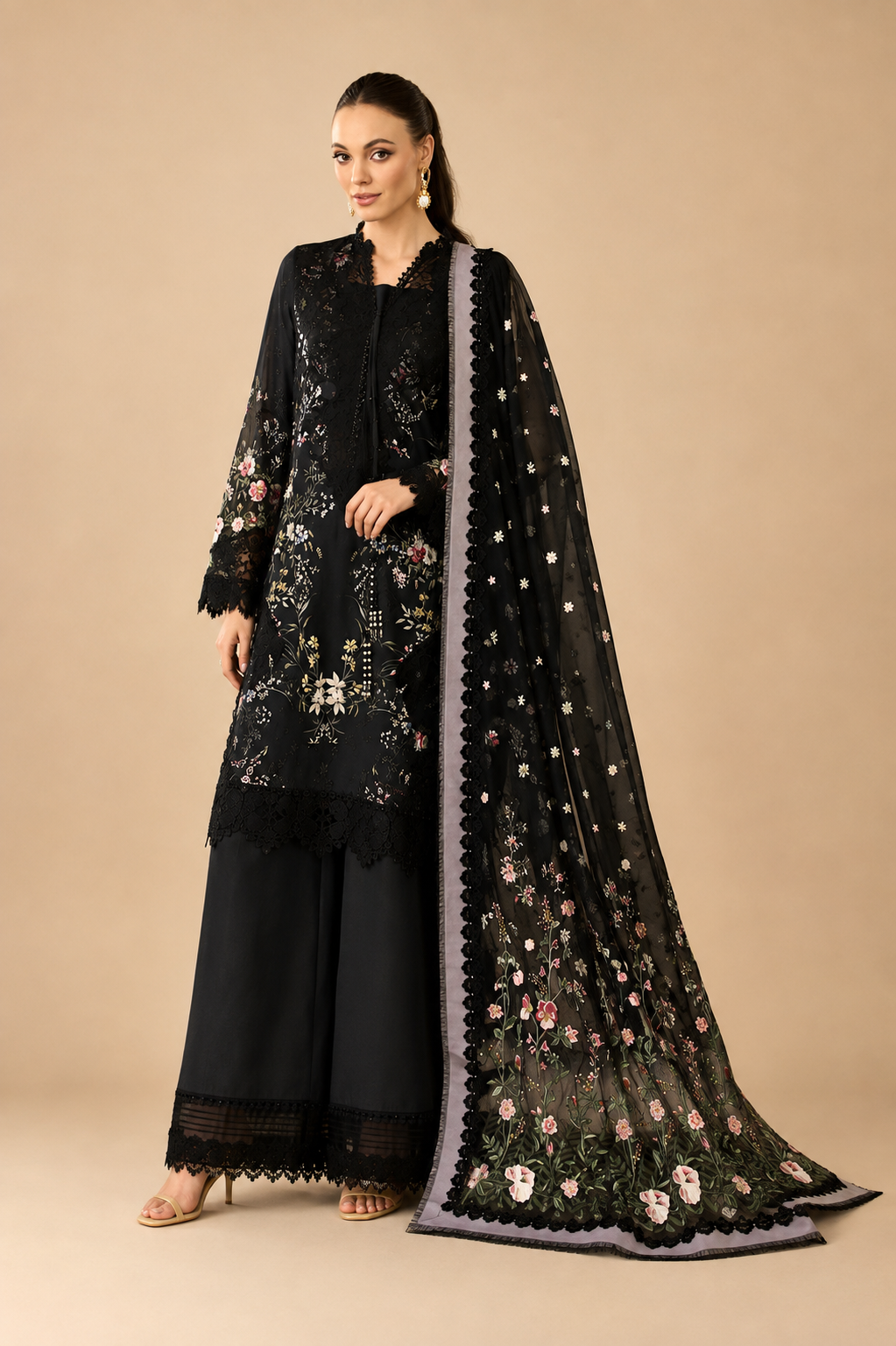 Amberser Noir Bloom — Embroidered Floral Suit