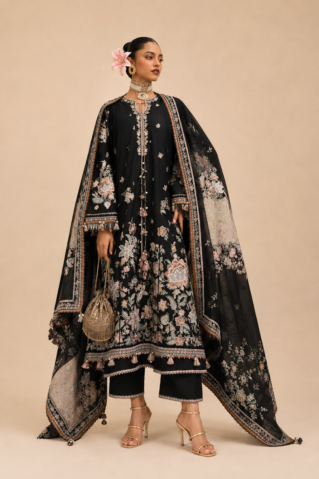 Amberser Gulnaar — Tasseled Floral Kaftan Suit