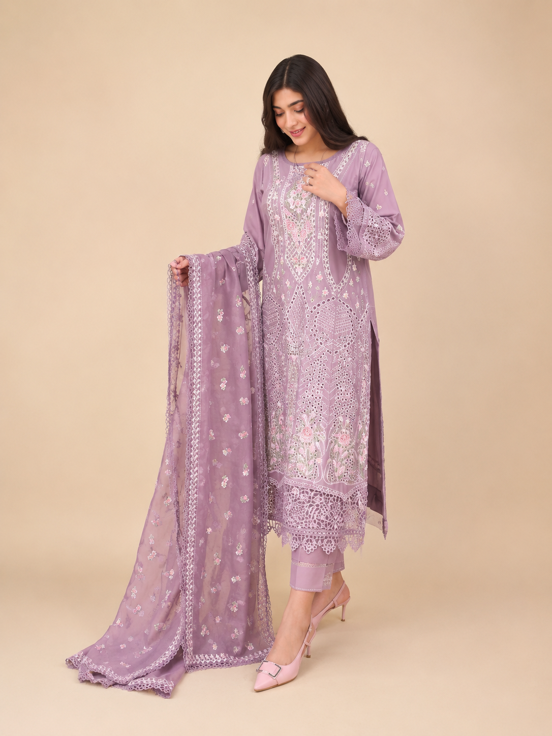 Amberser Lavani — Mauve Cutwork Embroidered Suit