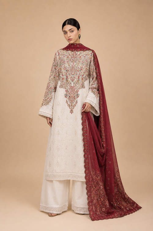 Amberser Anaar — Ivory Paisley Embroidered Suit with Contrast Maroon Dupatta