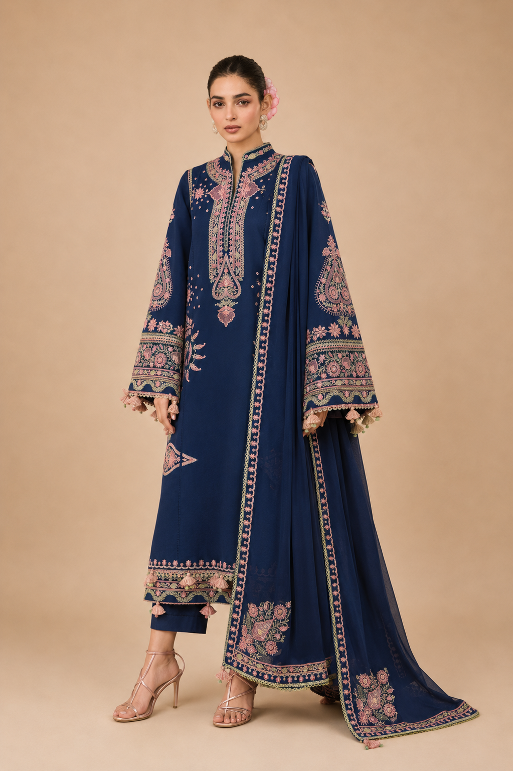 Amberser Zumurrud — Navy Embroidered Suit with Tassel Detailing