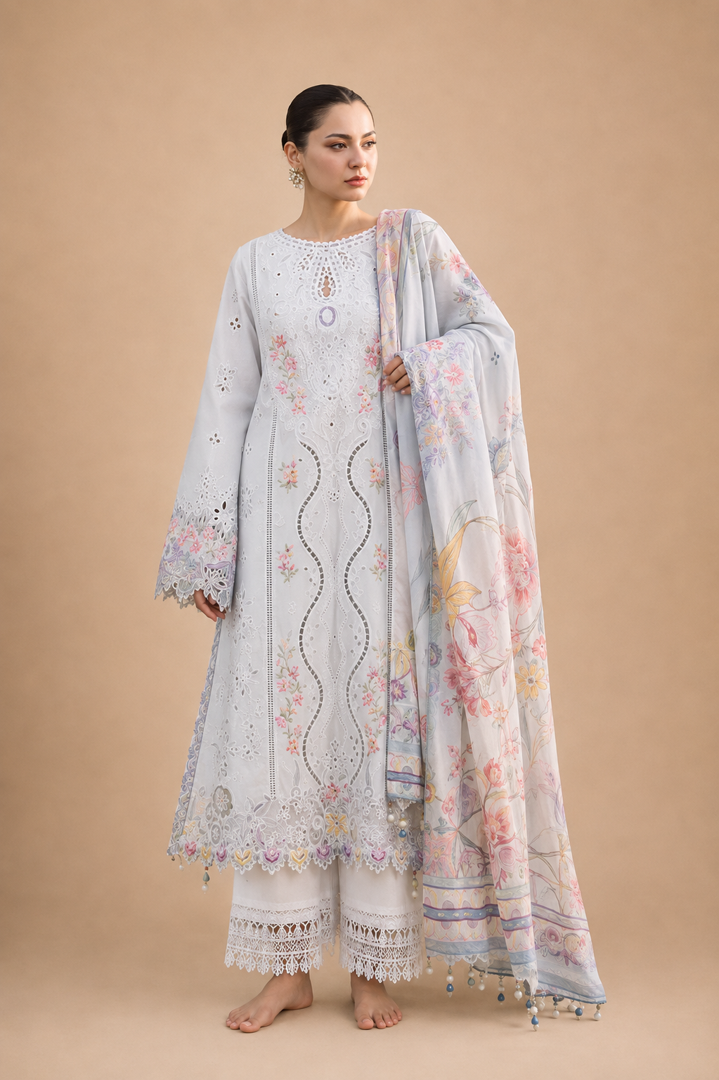 Amberser Firdaus — White Schiffli Suit with Floral Printed Dupatta
