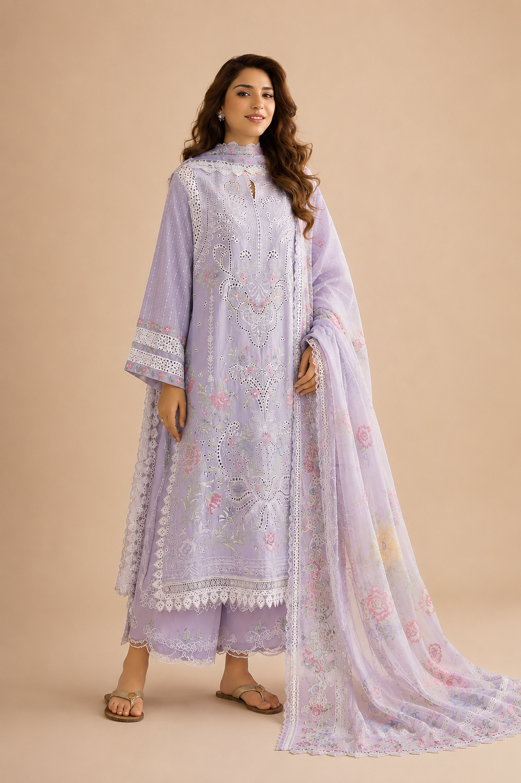 Amberser Nasreen — Lilac Schiffli Embroidered Suit with Printed Dupatta