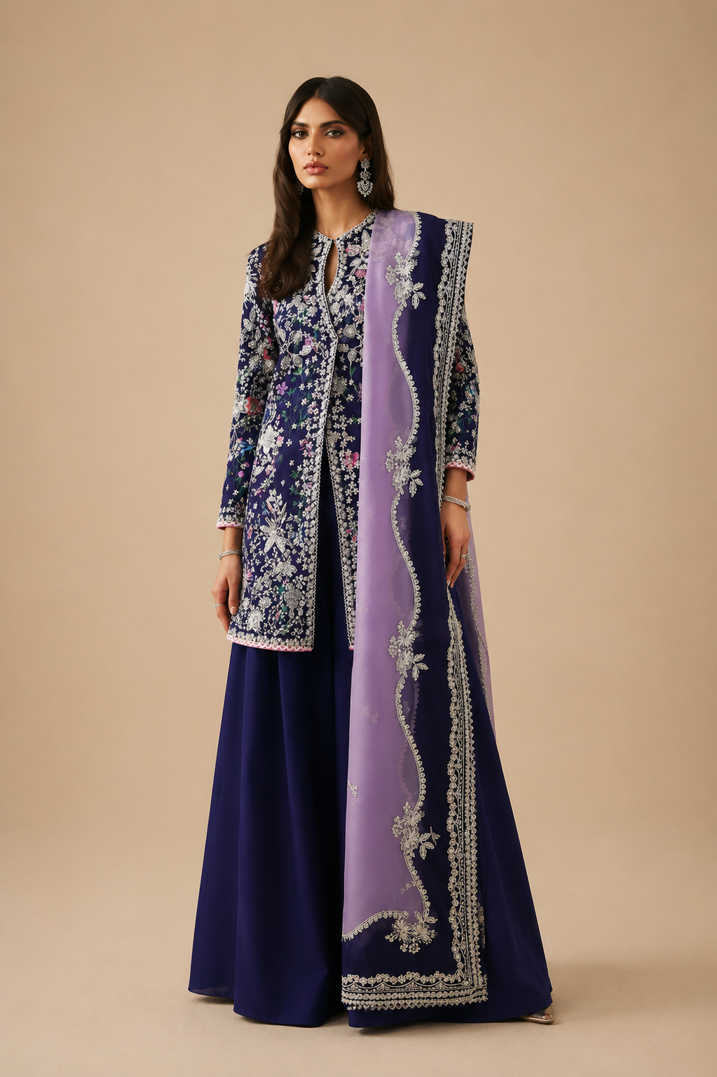 Amberser Shabnam — Navy Floral Printed Jacket Suit with Contrast Lehenga