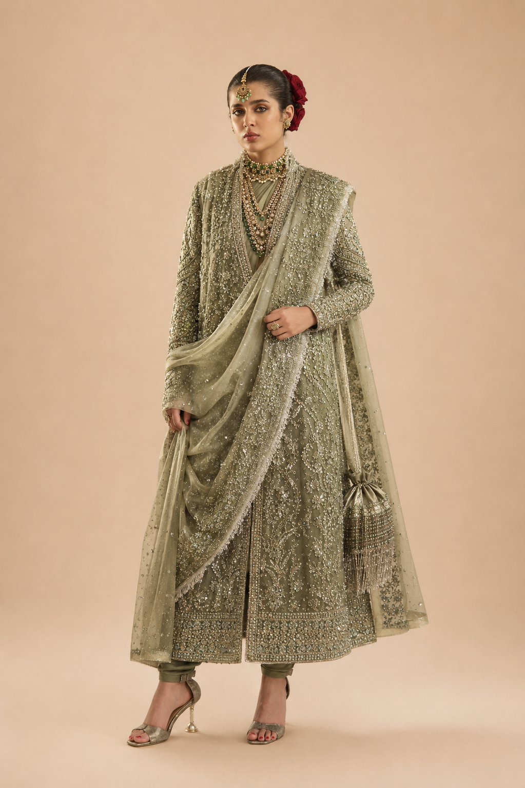 Amberser Sadaf — Ivory Schiffli Suit with Floral Accents
