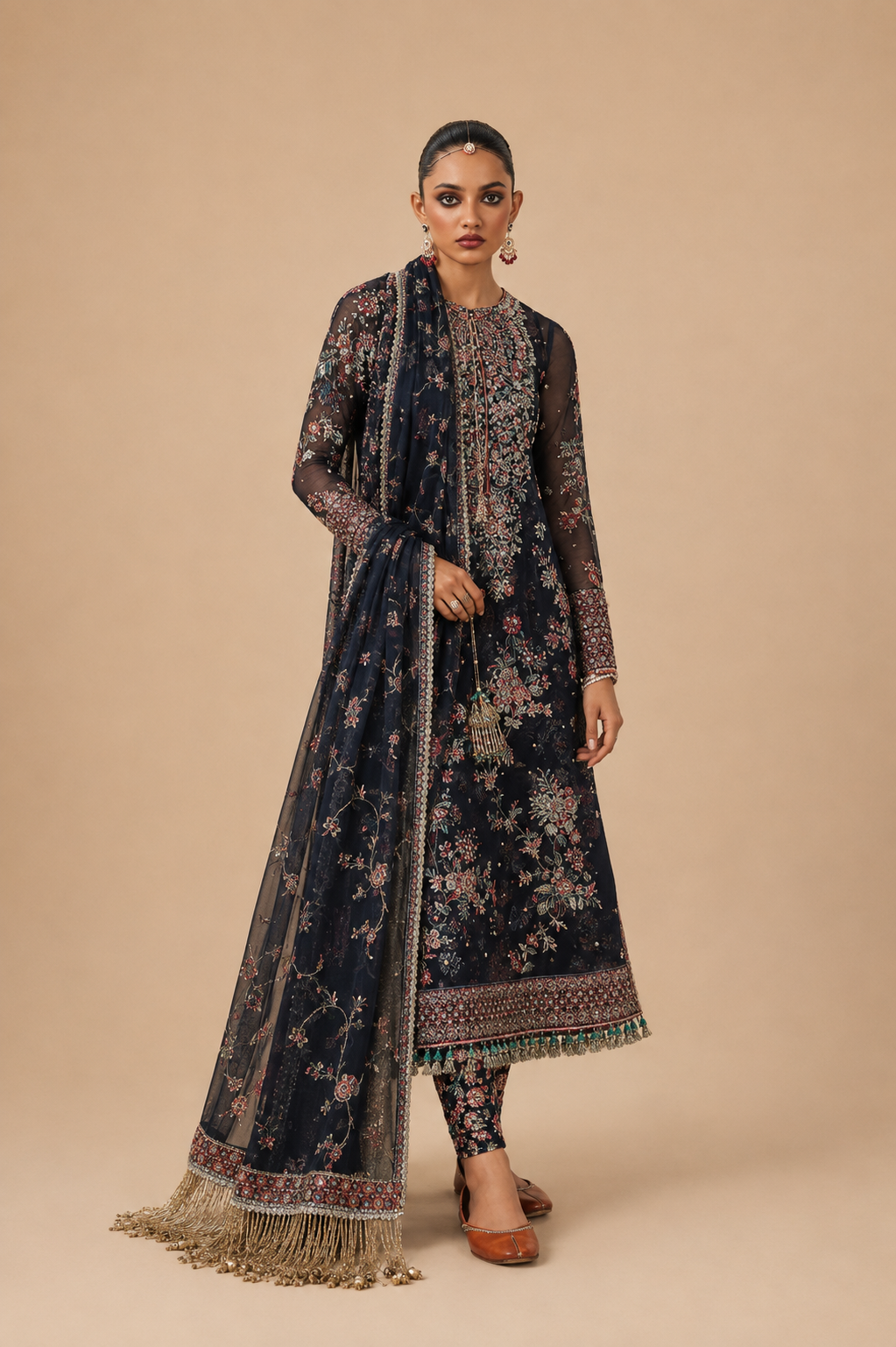 Amberser Nafees — Navy Beaded Floral Suit with Tasseled Dupatta
