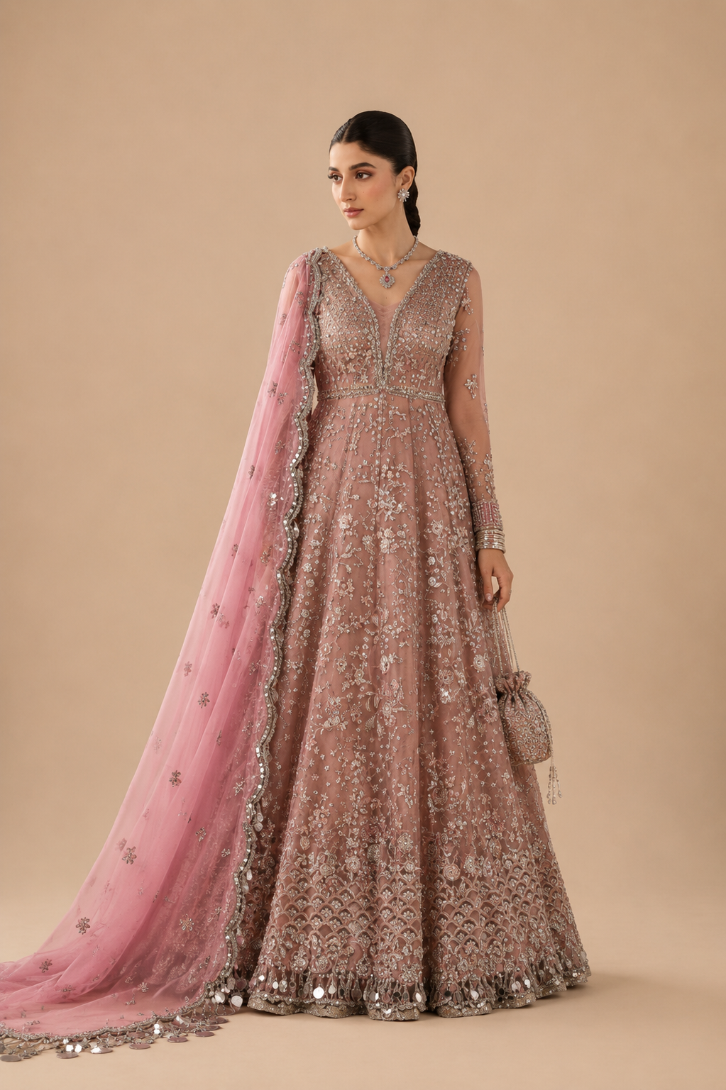 Amberser Zar-Afshan — Gold Embellished Bridal Gown with Contrast Pink Dupatta