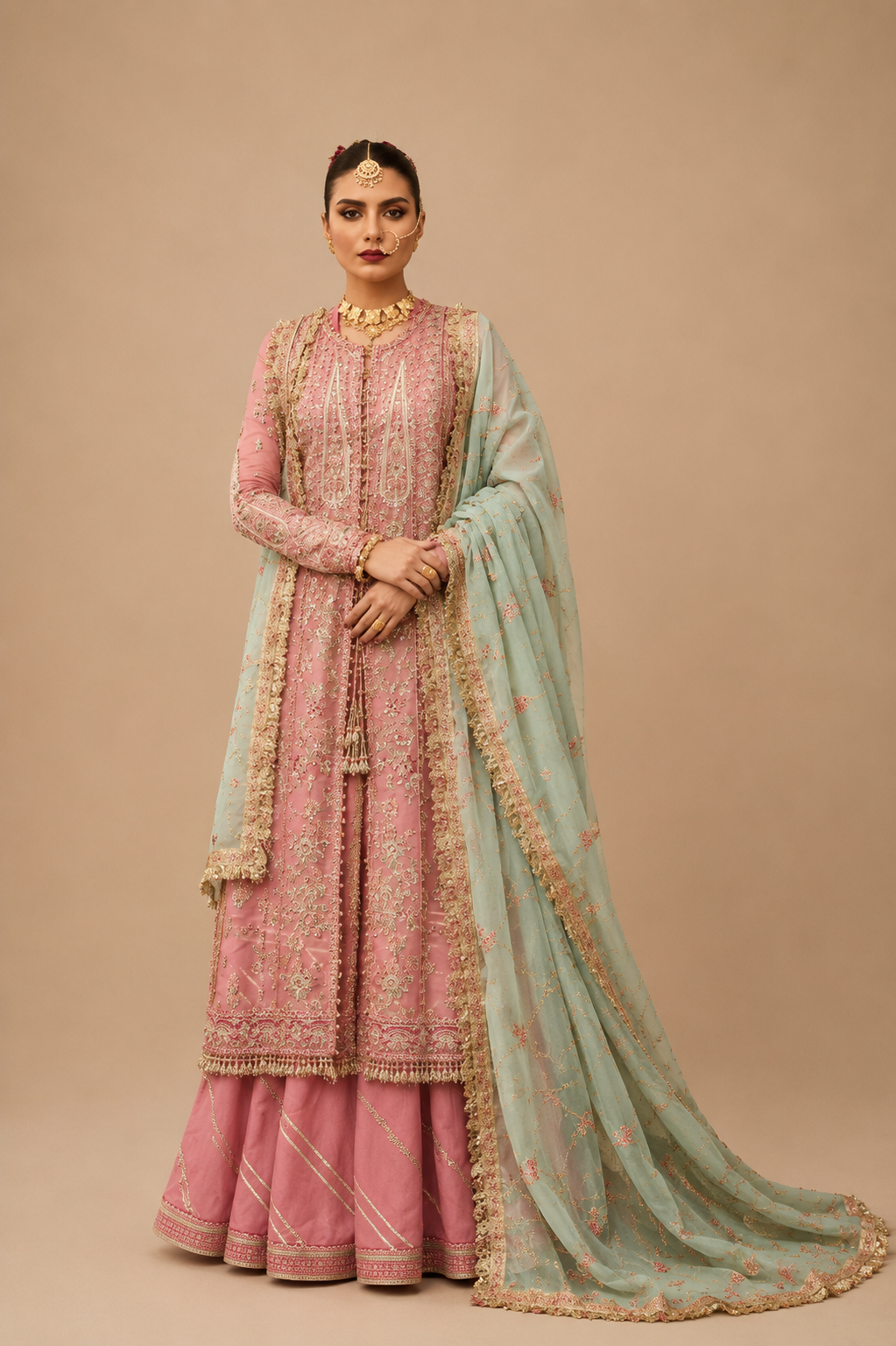 Amberser Gulnar Pink — Printed Suit with Contrast Multicolour Border