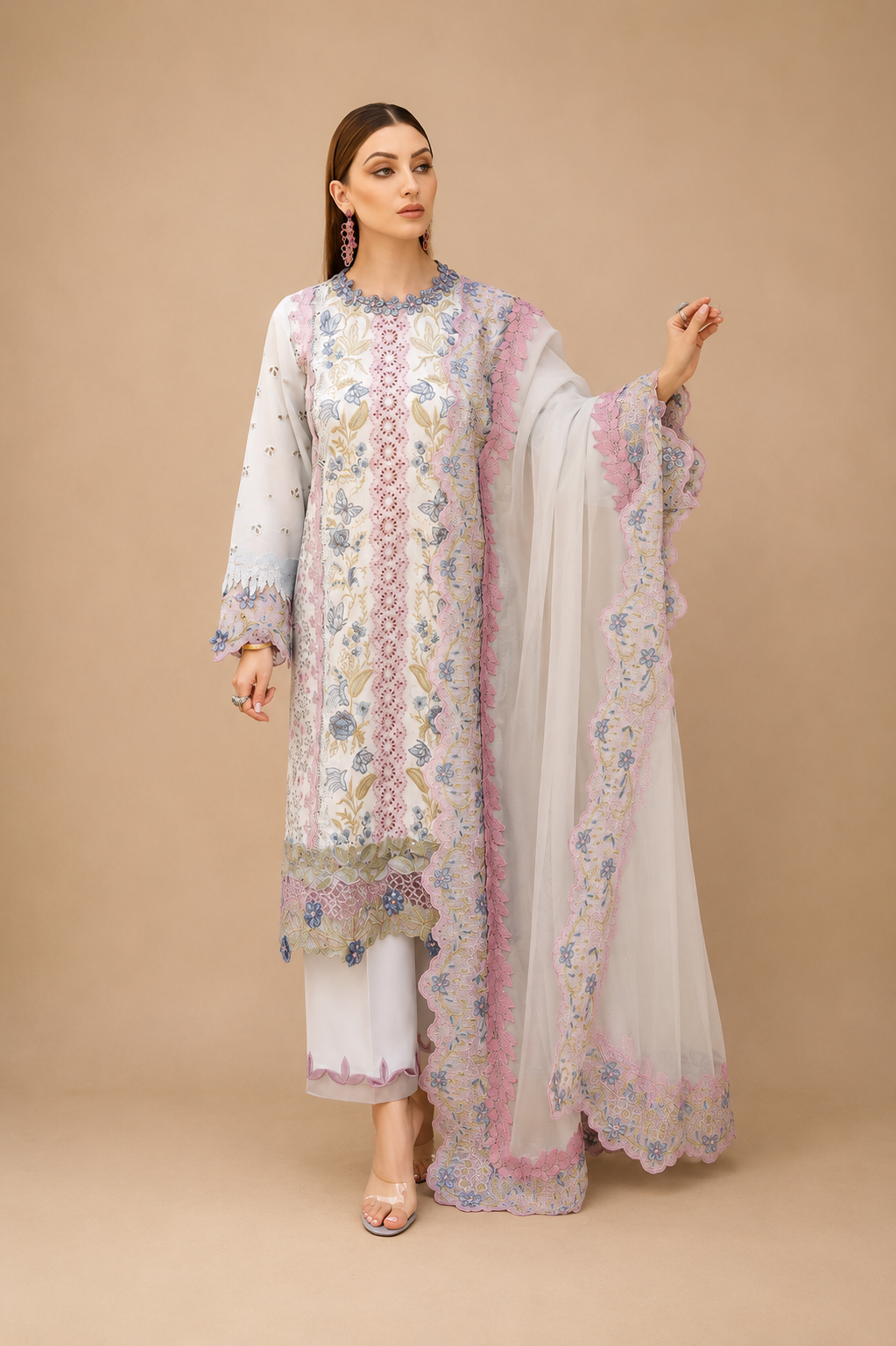 Amberser Bahaar — White Multicolour Embroidered Suit with Scalloped Dupatta
