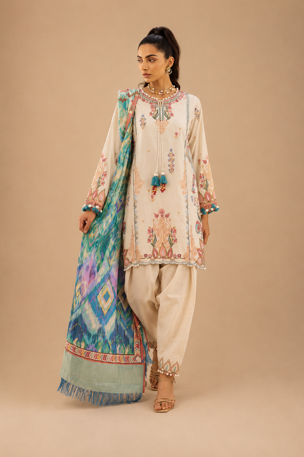 Amberser Neelofar — Ivory Printed Suit with Ikat Dupatta