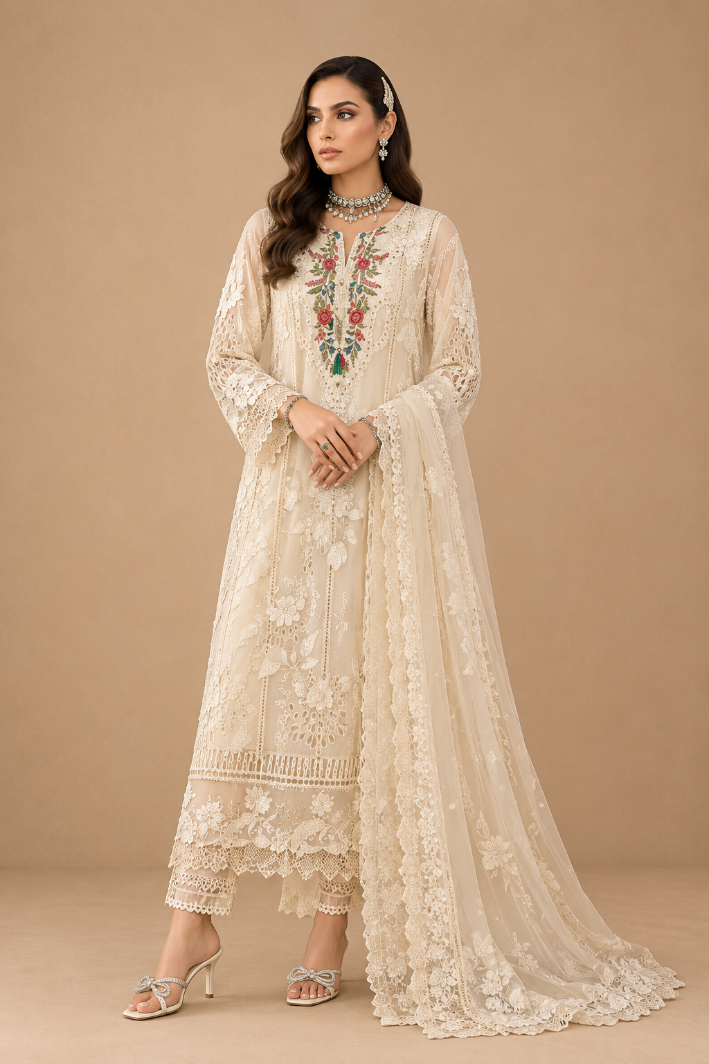 Amberser Gulrukh — Rose Pink Embellished Suit with Contrast Sage Dupatta