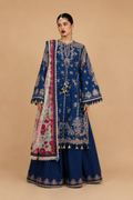 Amberser Farah — Royal Blue Embroidered Suit with Floral Printed Dupatta