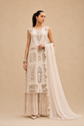 Amberser Sheeshaa — Ivory Geometric Cutwork Suit with Fringe Hem