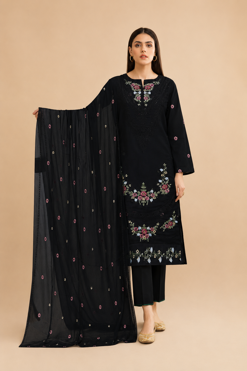 Amberser Shab-e-Noor — Black Floral Embroidered Suit