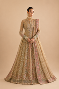 Amberser Zar-Baft — Olive Embellished Kaftan Suit with Contrast Border Dupatta