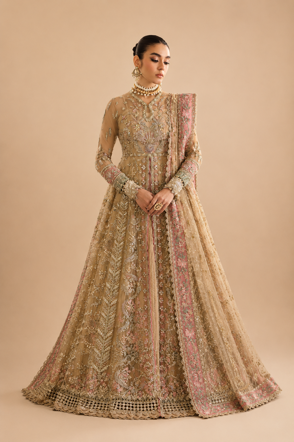 Amberser Zar-Baft — Olive Embellished Kaftan Suit with Contrast Border Dupatta